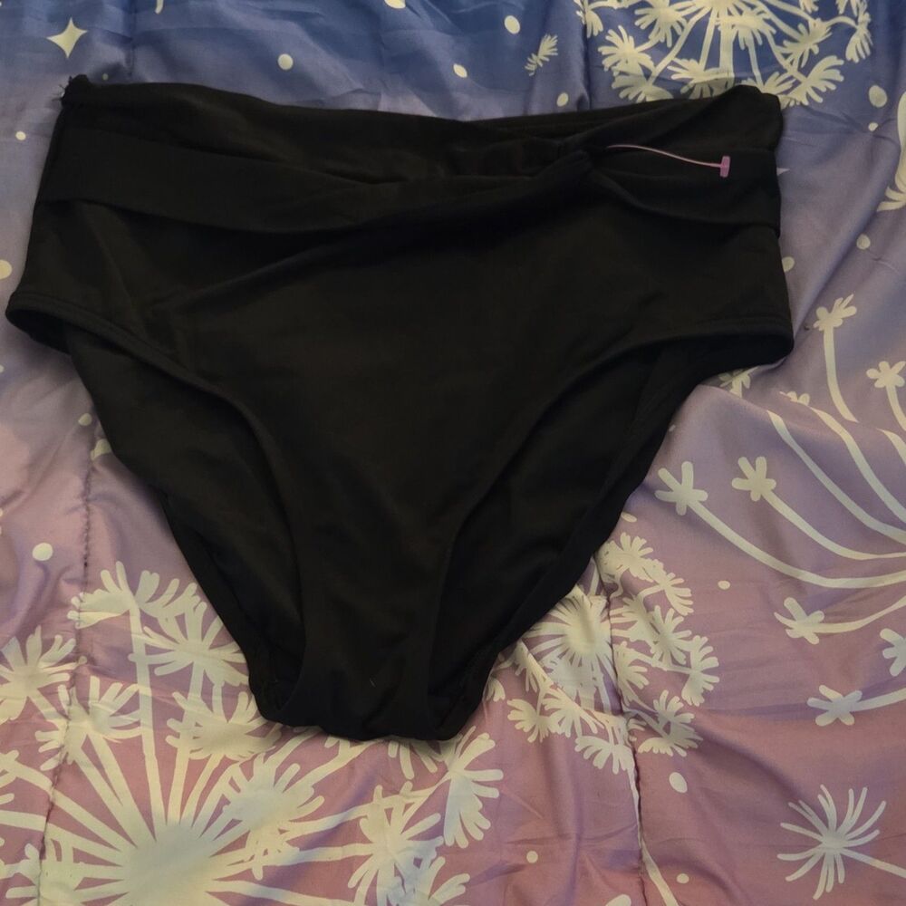 Lands' End High-Waisted Swim Bottom Black Nylon Spandex Women's 12 Lined Stretch
